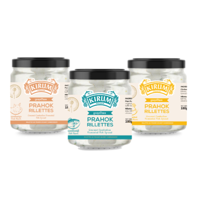 Three jars of Kirum prahok rillettes in different flavours