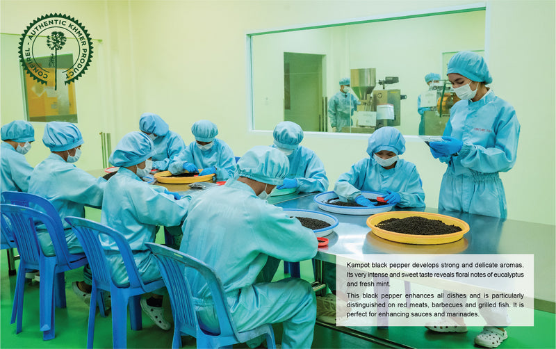 Confirel quality-control team processing Kampot black pepper in a cleanroom facility