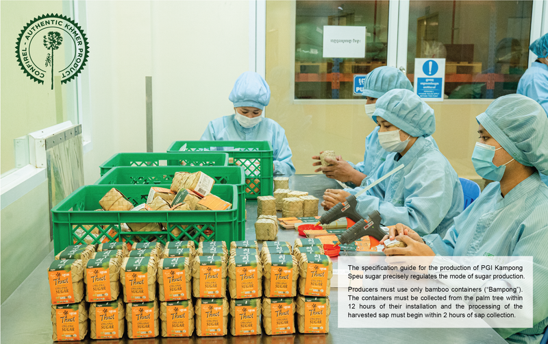 Confirel producers packaging Kampong Speu palm sugar, with production specification details
