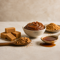 Thnot palm sugar paste, block, powder and syrup, raw ingredient shot